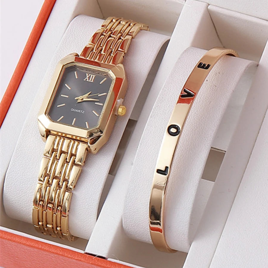 Montre + bracelet Quartz type luxe Plaqué or